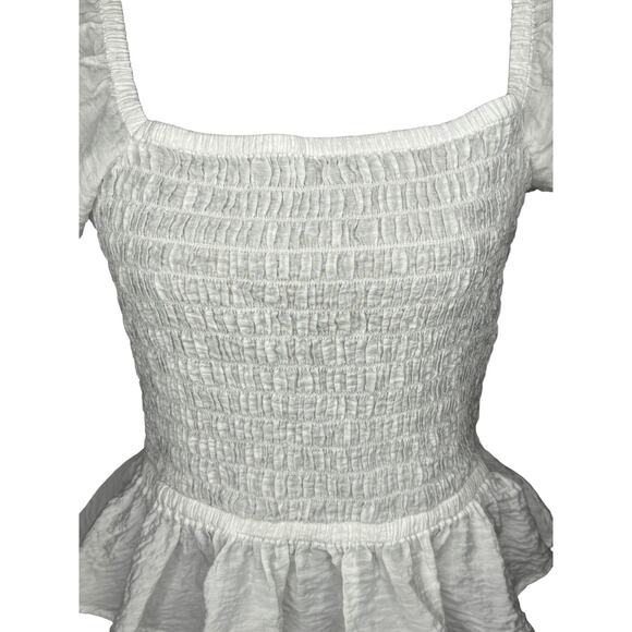 Open Edit Smocked Peplum Top In Ivory Size M Flutter Sleeves Viscose Coquette - Picture 3 of 8